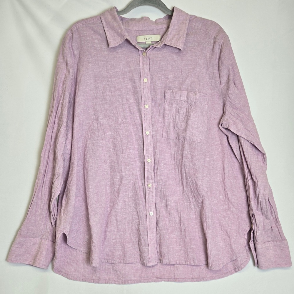 Loft Linen Cotton Blend Long Sleeve Button Down Shirt Chest‎ Pocket Purple XL